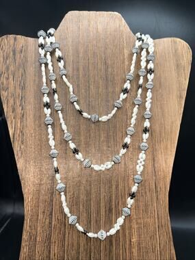Vintage Black & White Bead Necklace Faux Pearl Shabby Chic Long 58”